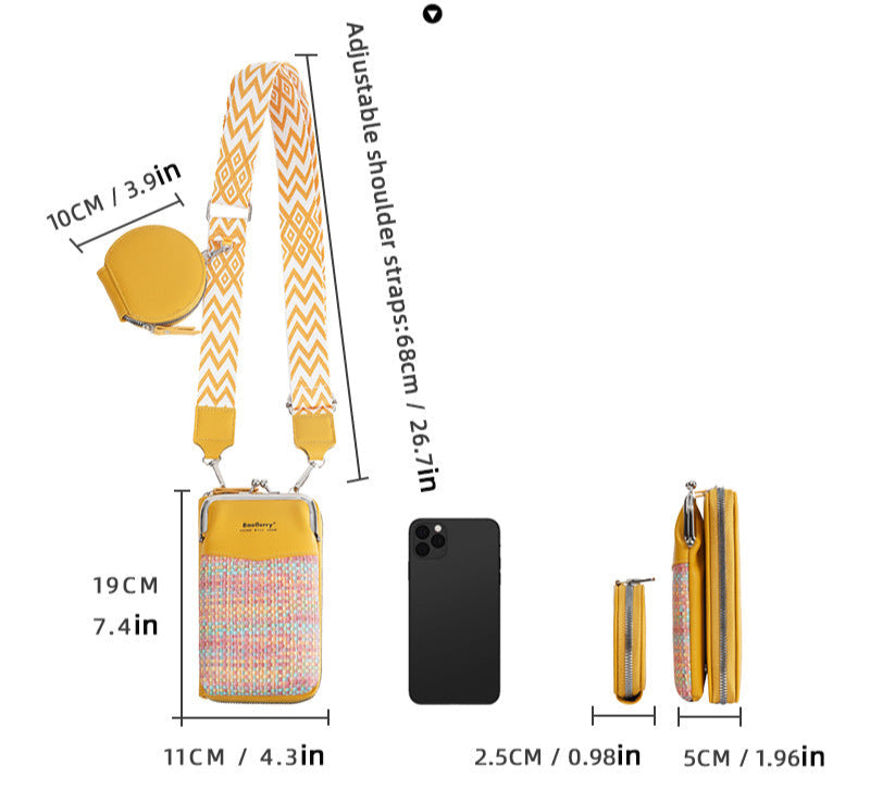 Product information for a yellow and white patterned pouch with adjustable strap, including dimensions and material details.