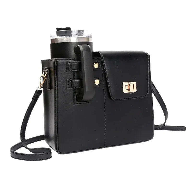Outdoor Portable Crossbody Water Cup Storage Bag for Tumbler with Adjustable Strap Leather Carrier Pocket