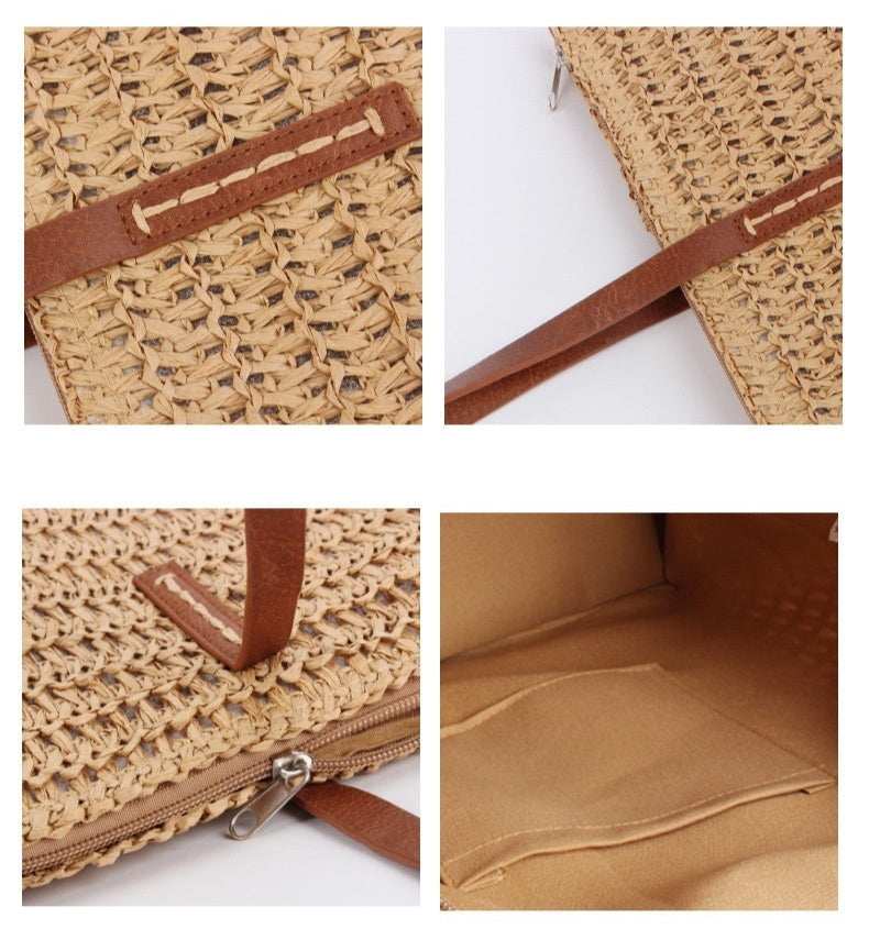 Woven bag with brown leather straps and interior pocket on a, clever girl boutique