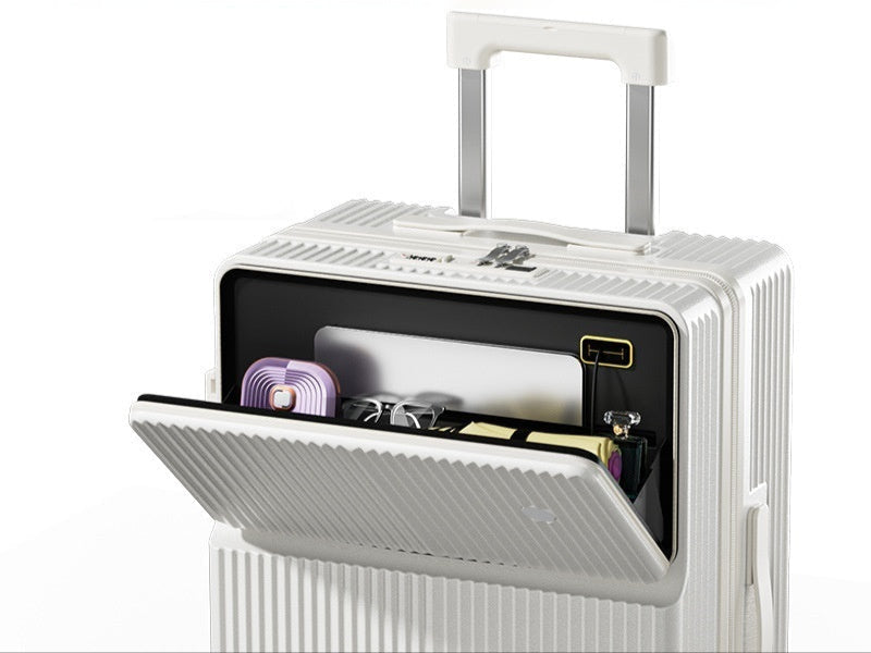 White suitcase with open compartment showing organized items on a white background