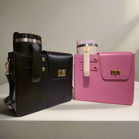 Black and pink handbags with gold accents 