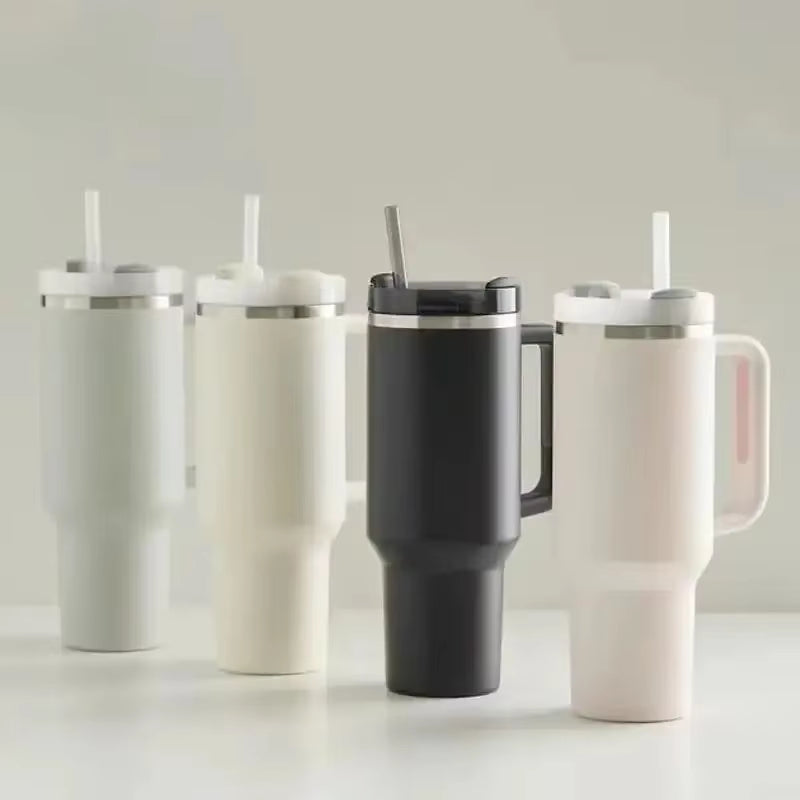 Tumbler with Handle Lid Straw 40Oz Stainless Steel Water Bottle Vacuum Thermos Cup Travel Car Thermal Coffee Mug Cap Sport