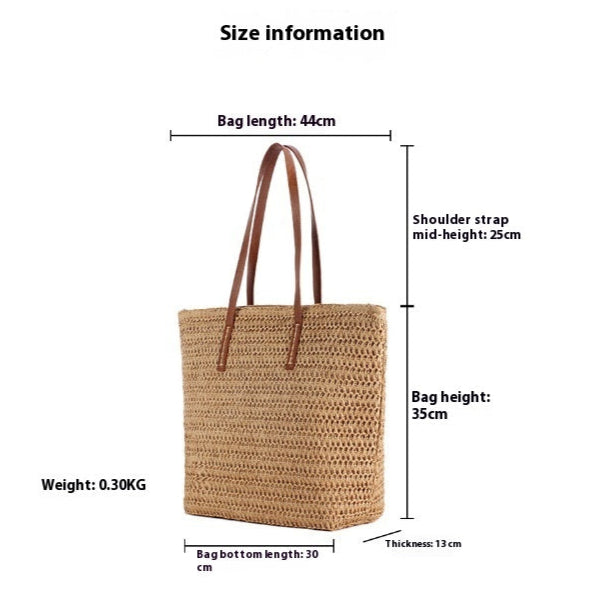 Woven bag with dimensions and weight information, clever girl boutique