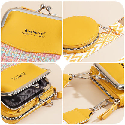 Yellow wallet with Baellerry branding shown from different angles on a beige background.