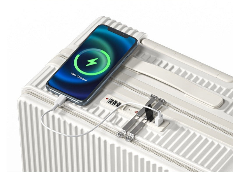 Phone charging on a suitcase with text about USB/Type-C dual charging ports.