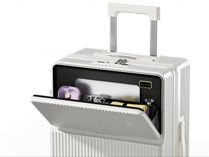 White suitcase with open compartment showing organized items on a white background